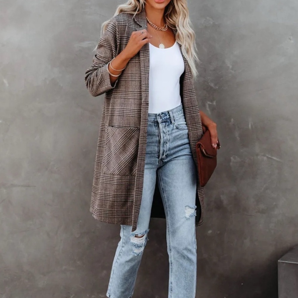 NWT En Creme Plaid Pocket Knit Coatigan Cardigan Coat Button Chocolate Taupe - Picture 5 of 10